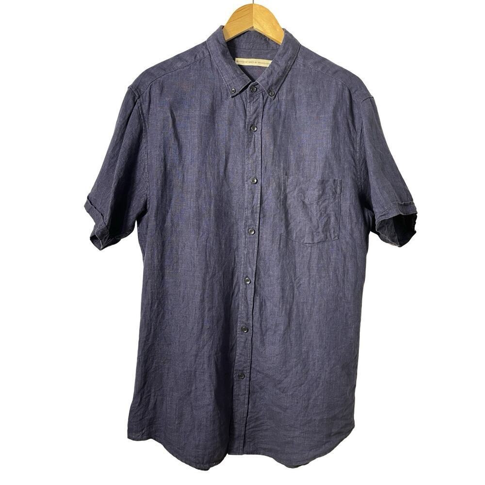 Shades Of Grey 100% Linen Short Sleeve Button Up Shirt Size L Navy Coastal Vacay